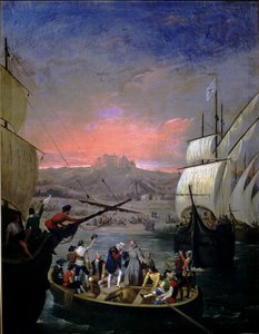 Vertrek in 1492 van de karvelen Santa Maria, de Pinta en de Nina (olie op doek) door Juan Cabral Bejarano