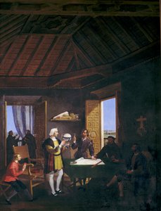 De Garcia Fernandez fysicus Pera Juan Perez en Martin Alonso Pinzon in gesprek in de kapittelzaal van het klooster van La Rabida door Juan Cabral Bejarano