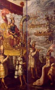 Montezuma, detail van de ontmoeting tussen Cortes en Montezuma, scherm toegeschreven aan Juan Correa (1645-1716) door Juan Correa