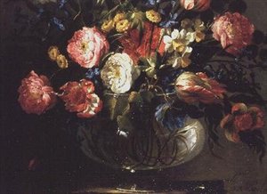 Rozen, Tulpen, Hyacinten en Jasmijn in een Glazen Vaas