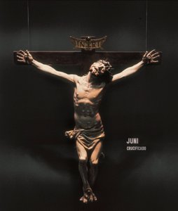 Kruisiging. Beeldhouwwerk door Juan de Juni (1507-1577). Beeldhouwwerk op hout. door Juan de Juni