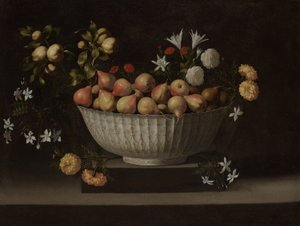Bloemen en fruit in een Chinese kom