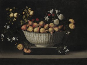 Bloemen en fruit in een Chinese kom, ca. 1645