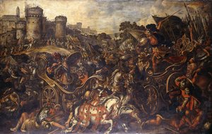 Achilles tegenover Hector buiten Troje door Juan de la Corte