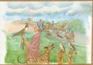 Een vroegmiddeleeuws jachttafereel (aquarel op papier) door Judith Dobie