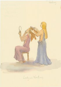 Een middeleeuwse dame in afwachting, die het haar van een dame borstelt, 2004