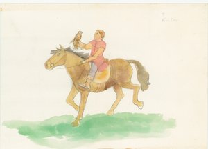 Een middeleeuwse man, afgebeeld rijdend op een paard met een roofvogel op zijn arm, 2004 door Judith Dobie