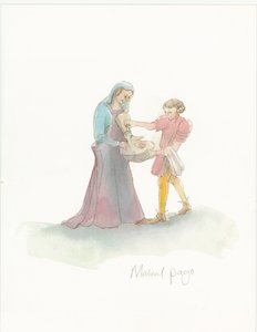 Een middeleeuwse page helpt een dame haar handen te wassen door Judith Dobie