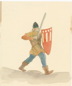 Een middeleeuwse soldaat met een lang zwaard in zijn rechterhand en een schild in zijn linkerhand, 2004 door Judith Dobie