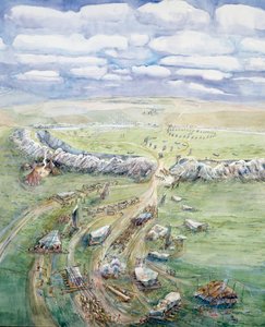 Avebury Henge in aanbouw (aquarel op papier) door Judith Dobie
