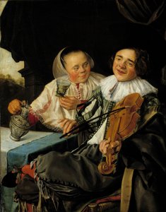 Het vrolijke gezelschap Een violist en een vrouw die hem een glas wijn serveert, beiden dronken. Schilderij door Judith Leyster (1609-1660)