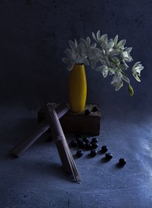 Witte orchideeën in een gele vaas door Judy Tseng