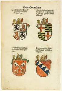Wapenschilden van bisschoppen (recto en verso) uit Das Concilium so zu Constantz, plaat 26 uit Woodcuts from Books of the XVI Century