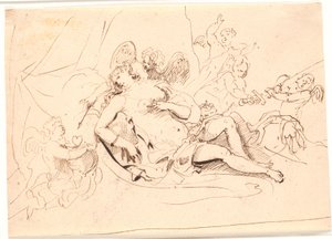 Rustende Venusfiguur, omringd door zes putti die spelen met zwaard, pijl en hart door Jürgen Ovens