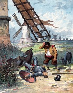 Don Quichot heeft gevochten met windmolens en is van zijn paard gevallen, Sancho Panza kijkt naar zijn meester, illustratie van boek door Miguel de Cervantes "Histoire de Don Quichotte", gravure naar Jules David door Jules (after) David