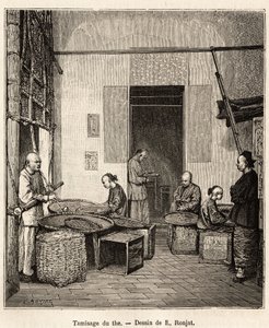Het zeven van het buskruit, om de korrels te sorteren op grootte en kwaliteit voor de laatste droging die hen hun geur geeft, in een buskruitfabriek in Fati Bay (Canton Provincie), gravure naar een tekening van J. Ferat ter illustratie van de reis naar Chi door Jules (after) Ferat