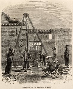 Het wegen van de thee voor verzending naar commerciële markten in een buskruitfabriek in Fati Bay (Canton Provincie), gegraveerd naar een tekening van J.Ferat ter illustratie van de reis naar China, door J. Thompson, in 1870-1872, gepubliceerd in 