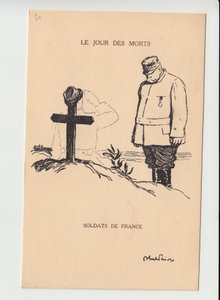 Ansichtkaart, Satirisch in zwart-wit, ca. 1915: Dag van de Doden - Oorlog van 14-18, Rouw Obseques Begrafenissen - Joffre, Soldaten Illustratie door Abel Faivre