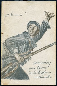 Ansichtkaart van inschrijving op de sprong van de Nationale Defensie met een soldaat die naar het front gaat en roept 