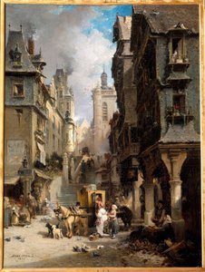 Een straat in Morlaix in 1830 door Jules Achille Noel