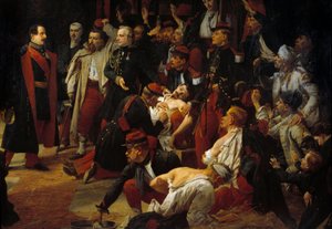 Keizer Napoleon III bezoekt de Franse, Piemontese en Oostenrijkse gewonden van de slag bij Montebello in de ambulances van Voghere in mei 1859 (detail) door Jules Alfred Vincent Rigo