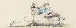 Circusartiest, liggend op een paard, met duiven op haar arm en hoofd door Jules Arsene (after) Garnier