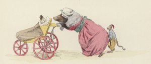 Varken duwt een hond in een kinderwagen, met een aap erachter