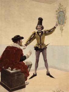 Koning van Engeland Edouart (Edward) V, op zijn toilet, kijkt naar het wapen van Frankrijk dat zijn dokter hem laat zien. Pantagruel. Illustratie door Jules Garnier. In "Rabelais et l