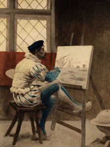 Man zittend voor zijn doek. Gargantua. illustratie door Jules Garnier. In "Rabelais et l