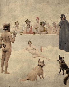 De god van de tuinen Priapus terug voor de raad van de goden. In het midden Iupiter (Jupiter, Zeus). Links van hem Bacchus (Dionysos, Bacco). Daaronder een hond en een vos. Pantagruel. Illustratie door Jules Garnier. In "Rabelais et l