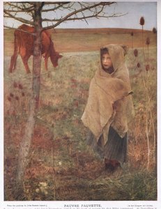 Frankrijk, klein; meisje; Fauvette; koe; landelijk; arm; kleding door Jules Bastien Lepage