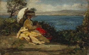 Vrouw met parasol, Baai van Douarnenez, tussen 1870 en 1875 door Jules Breton