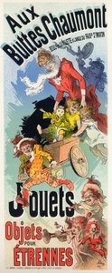 Levensstijl. De Buttes Chaumont speelgoedwinkel. Poster door Jules Cheret, Frankrijk, ca. 1890