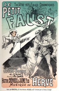 Muziek. De kleine Faust, operette door Herve. Poster door Jules Cheret voor een voorstelling in Parijs
