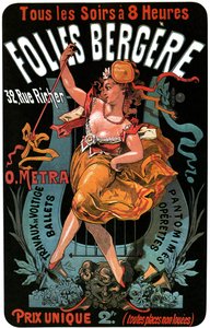 Poster voor de Folies-Bergere 1874 door Jules Cheret - acrobatische werken, balletten, pantomimes, operettes, dans, danser, music hall, vrolijk Parijs, Parijs bij nacht