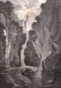 Vallei van de molens in Sorrento, Campania, Italië, lithografie door Villeneuve naar tekening van Jules Coignet