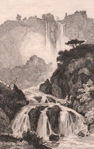 Uitzicht op de watervallen van Marmore nabij Terni, Umbrië, Italië, staalgravure naar tekening van Jules Coignet, circa 14x20 cm door Jules Coignet