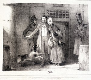 Man verlaat de gevangenis en wordt herenigd met zijn familie, ca. 1830. door Jules David