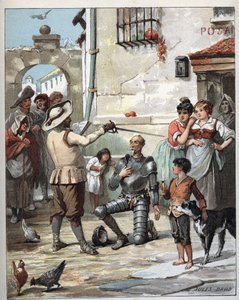 Buiten een herberg, Don Quichot wordt ridder - Illustratie van Jules David (1808-1892) uit Histoire de Don Quichote (Don Quichot) - 1887 - door Miguel de Cervantes Saavedra (1547-1616)