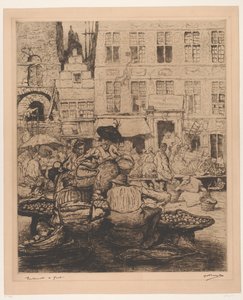 Stadsgezicht met fruitmarkt in Gent door Jules De Bruycker (signed by artist)