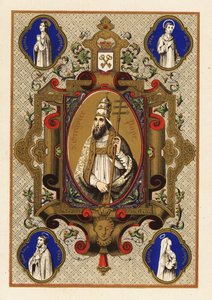 Portret van Sint Gregorius, Paus Gregorius I, met triregnum of driekroon, en Pauselijke ferula, binnen een decoratieve rand