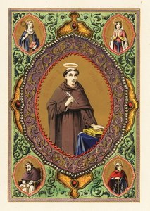 Portret van Sint Thomas van Aquino, met halo, ganzenveer en Bijbel, in een decoratieve rand van loof en goud door Jules Desportes