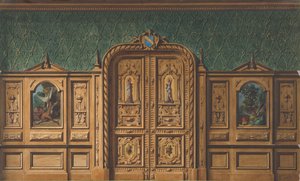 Ontwerp voor een kamer met houten panelen ingelegd met schilderijen en een zwaar bewerkte dubbele deur, 1830-97 door Jules Edmond Charles Lachaise and Eugène Pierre Gourdet