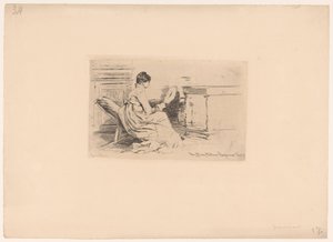 Vrouw met waaier in lage stoel door Jules Ferdinand Jacquemart (attributed to)