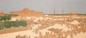 Schilderij door Jules Guerin van voorgestelde Plaza op Michigan Avenue