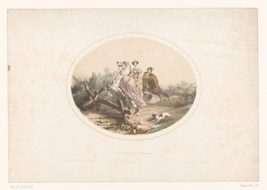 Edelvrouw springt met paard over een hek door Jules Marie Desandre