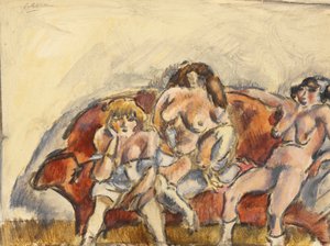 Drie vrouwen op een rode sofa