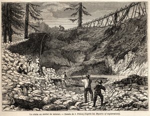 Een mijnbouwconcessie of werkplaats in Californië, tekening door Jules Pelcoq, ter illustratie van het verhaal van de reis van Baron de Wogan naar Californië in 1850-1852. Gravure in 