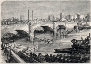 Transformaties van Parijs onder het Tweede Keizerrijk, Haussmann Parijs: werken uitgevoerd voor de brug van de Alma in Parijs voor de doorgang van de verzamelriool op de bodem van de Seine. Tekening door Jules Pelcoq. Gravure in 