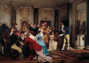 Romantiek is in de mode Lezen van een toneelstuk in een Parijse salon. (Salon Littéraire) Schilderij door Jules Worms (1832-1914) 19e eeuw Parijs, Palais du Luxembourg